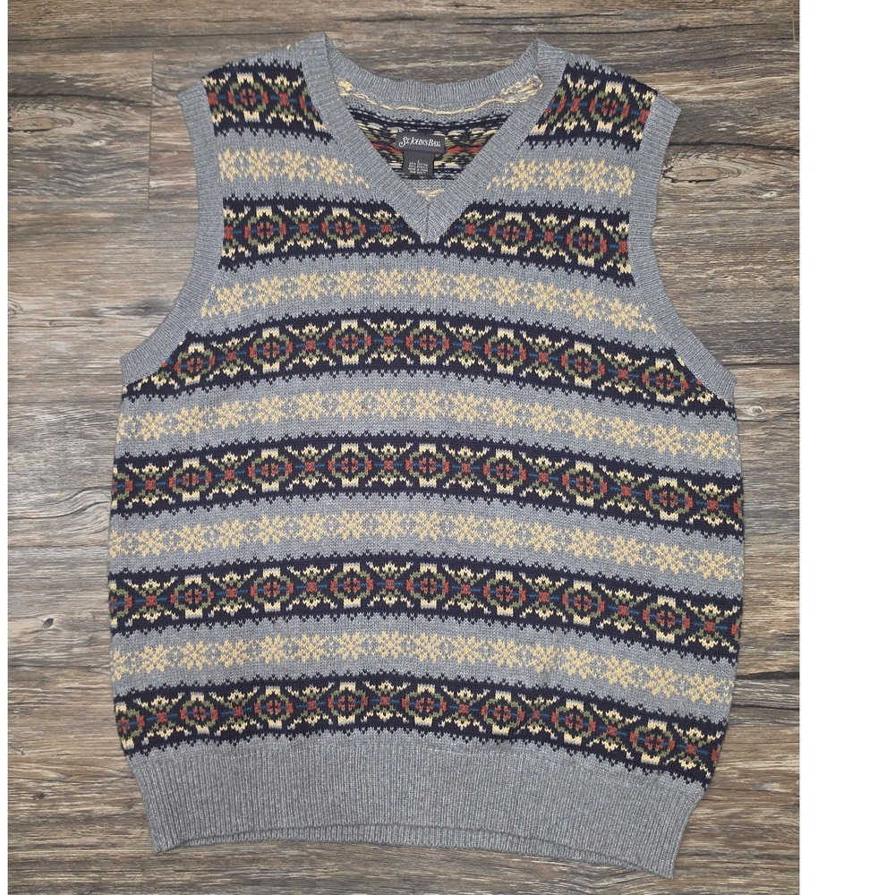 St Johns Bay Mens Large Sweater Vest Grey V-Neck Grandpa Core Knit